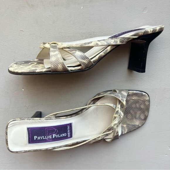 Phyliss Poland Tess Cream Snakeskin Leather Heeled Slide Sandals Women’s Size 6 - Picture 12 of 13